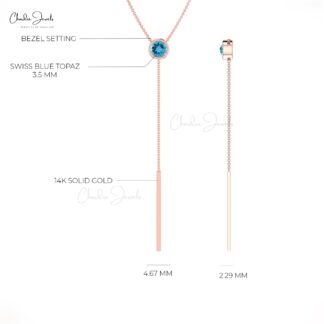 Real 14k Gold Y-Shaped Necklace With Swiss Blue Topaz Gemstone