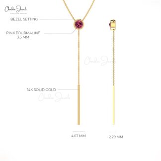 Real Pink Tourmaline Gemstone Lariat Necklace In 14k Gold
