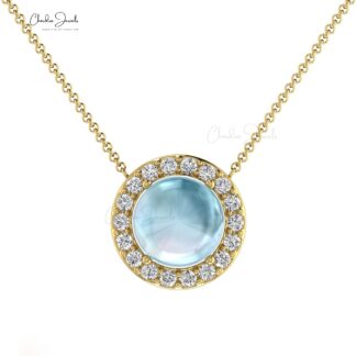 Diamond Circle Halo Necklace With 6mm Aquamarine Prong Set In Real 14k Gold Necklaces