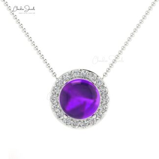 Halo Diamond Unique Necklace In Solid 14k Gold Amethyst 6mm Gemstone Chain Necklace