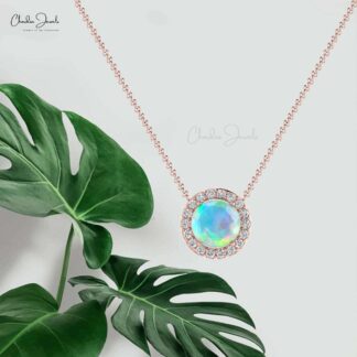 Real 14k Gold With 0.75 Ct Fire Opal & Diamond Halo Chain Necklace For Her Birthday