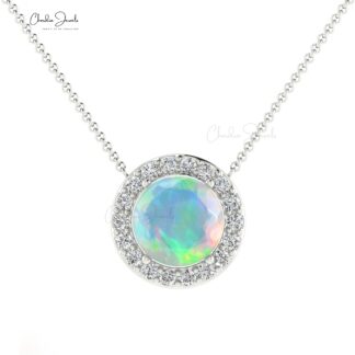 Real 14k Gold With 0.75 Ct Fire Opal & Diamond Halo Chain Necklace For Her Birthday