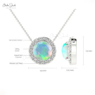 Real 14k Gold With 0.75 Ct Fire Opal & Diamond Halo Chain Necklace For Her Birthday