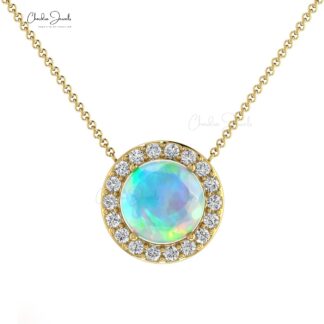 Real 14k Gold With 0.75 Ct Fire Opal & Diamond Halo Chain Necklace For Her Birthday