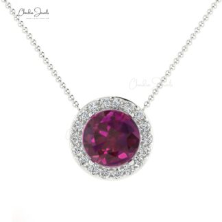 Brilliant Cut Halo Necklace With Pure 14k Gold Rhodolite Garnet Diamond Fine Jewelry