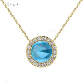 Natural Swiss Blue Topaz & Diamond Halo Necklace For Gift