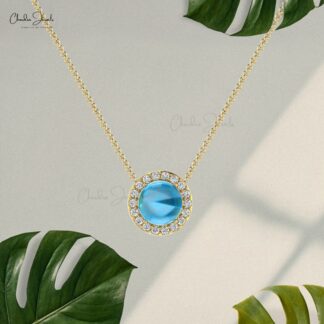 Natural Swiss Blue Topaz & Diamond Halo Necklace For Gift