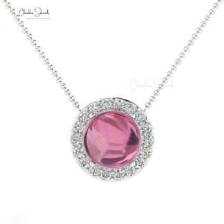 Halo Round Cut Necklace In Solid 14k Gold Pink Tourmaline And Diamond Wedding Necklace