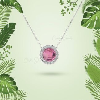 Halo Round Cut Necklace In Solid 14k Gold Pink Tourmaline And Diamond Wedding Necklace