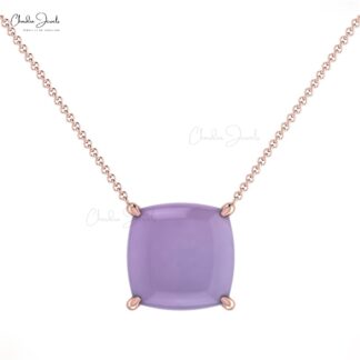 Single Stone Cushion Necklace With 8mm Chalcedony Prong Set In 14k Solid Gold Necklace