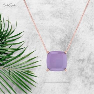 Single Stone Cushion Necklace With 8mm Chalcedony Prong Set In 14k Solid Gold Necklace