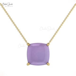 Single Stone Cushion Necklace With 8mm Chalcedony Prong Set In 14k Solid Gold Necklace