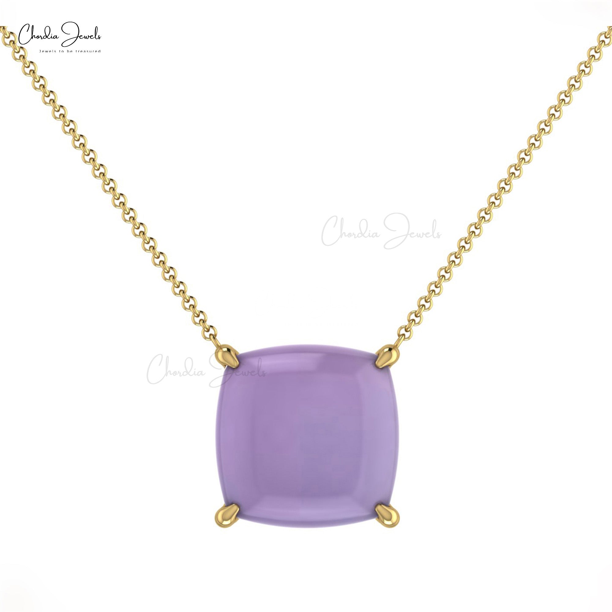 Single Stone Cushion Necklace With 8mm Chalcedony Prong Set In 14k Solid Gold Necklace