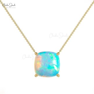 Solitaire Birthstone Necklace In 14k Real Gold 1.65 Ct Fire Opal Gemstone Chain Necklaces