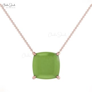 Solid 14k Gold Prehnite Solitaire Necklace With 8mm Cushion Cabochon Women Jewelry