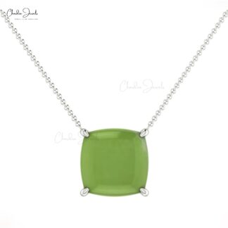 Solid 14k Gold Prehnite Solitaire Necklace With 8mm Cushion Cabochon Women Jewelry