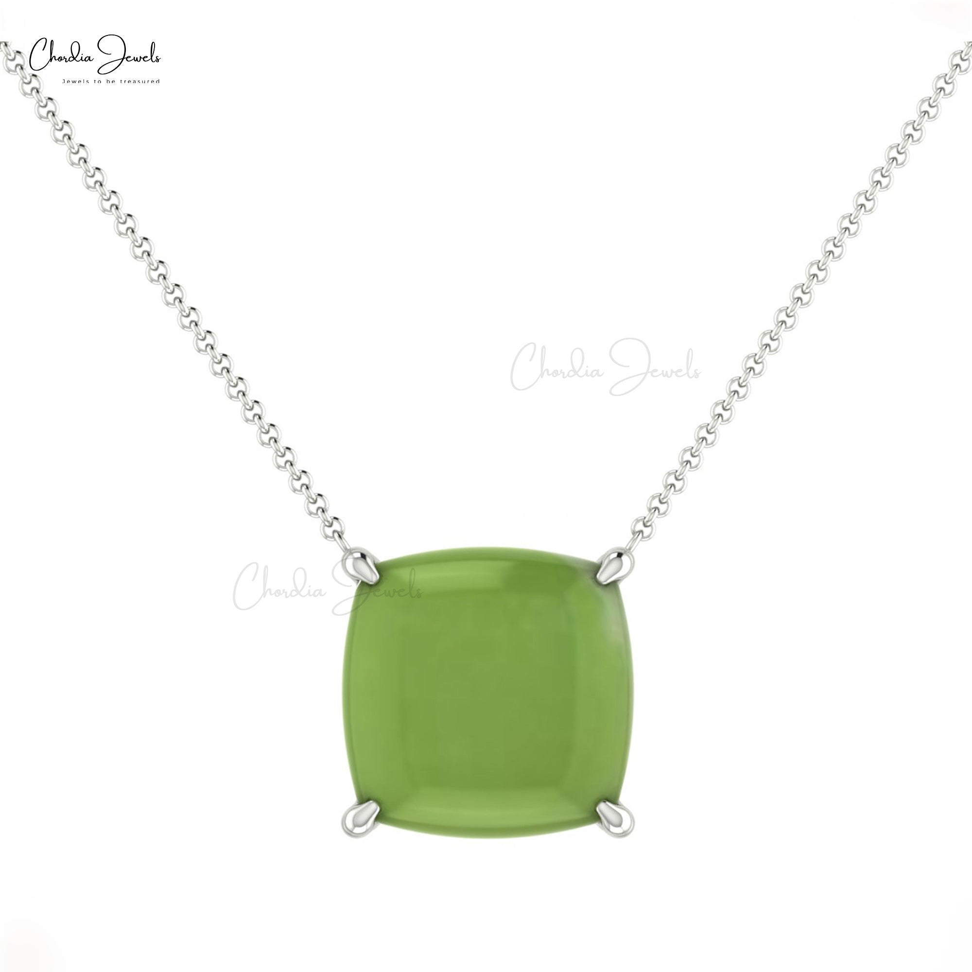 Solid 14k Gold Prehnite Solitaire Necklace With 8mm Cushion Cabochon Women Jewelry