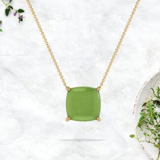 Solid 14k Gold Prehnite Solitaire Necklace With 8mm Cushion Cabochon Women Jewelry