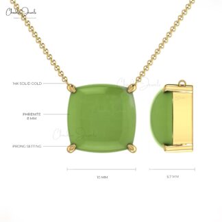 Solid 14k Gold Prehnite Solitaire Necklace With 8mm Cushion Cabochon Women Jewelry