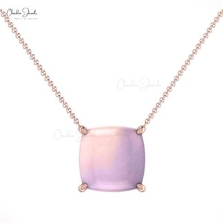 Solitaire Women Necklace In 14k Real Gold Rose Quartz 8mm Cushion Cabochon Chain Necklaces