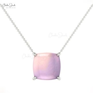 Solitaire Women Necklace In 14k Real Gold Rose Quartz 8mm Cushion Cabochon Chain Necklaces
