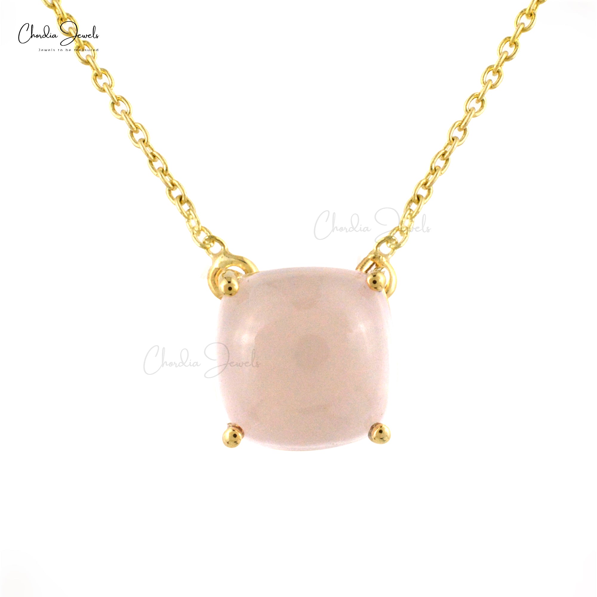 Solid 14k Yellow Gold Rose Quartz Gemstone Solitaire Necklace