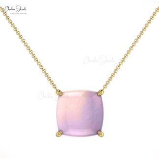 Solitaire Women Necklace In 14k Real Gold Rose Quartz 8mm Cushion Cabochon Chain Necklaces