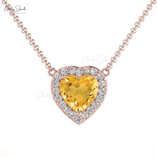 Heart Cut Love Necklace In 14k Solid Gold Citrine 5mm Gemstone And Halo Diamond Necklace