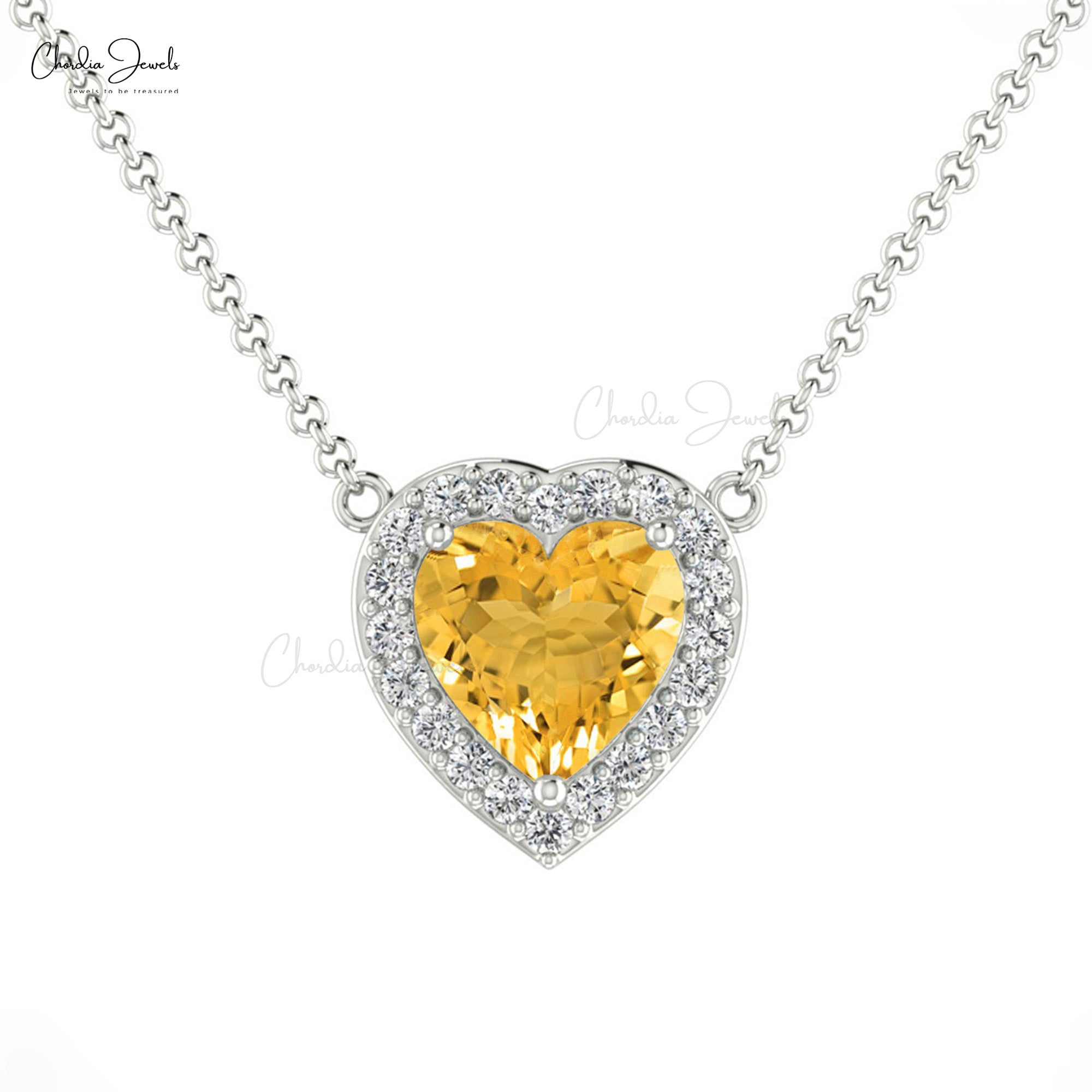 Heart Cut Love Necklace In 14k Solid Gold Citrine 5mm Gemstone And Halo Diamond Necklace