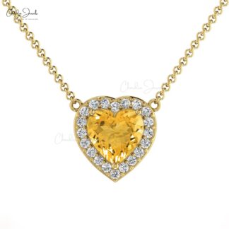 Heart Cut Love Necklace In 14k Solid Gold Citrine 5mm Gemstone And Halo Diamond Necklace