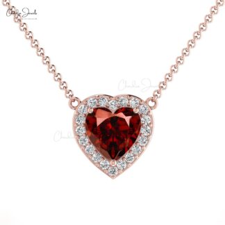 Heart Cut Love Necklace With 0.60 Ct Red Garnet And Halo Diamond 14k Real Gold Necklaces