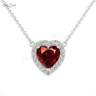 Heart Cut Love Necklace With 0.60 Ct Red Garnet And Halo Diamond 14k Real Gold Necklaces