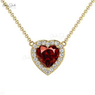 Heart Cut Love Necklace With 0.60 Ct Red Garnet And Halo Diamond 14k Real Gold Necklaces