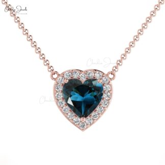 Pure 14k Gold Diamond Halo Necklace With 0.60 Ct London Blue Topaz Heart Chain Necklace