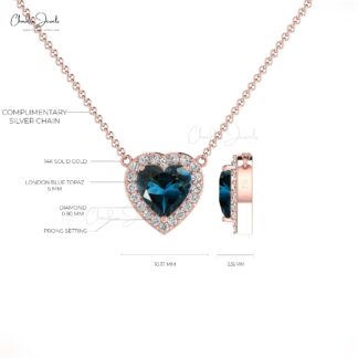 Pure 14k Gold Diamond Halo Necklace With 0.60 Ct London Blue Topaz Heart Chain Necklace