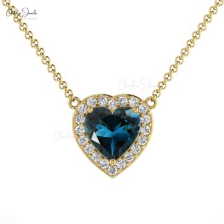 Pure 14k Gold Diamond Halo Necklace With 0.60 Ct London Blue Topaz Heart Chain Necklace