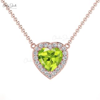 Halo Diamond Love Necklace With 5mm Peridot Prong Set In 14k Solid Gold Women Necklace