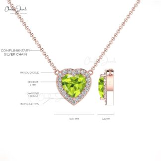 Halo Diamond Love Necklace With 5mm Peridot Prong Set In 14k Solid Gold Women Necklace