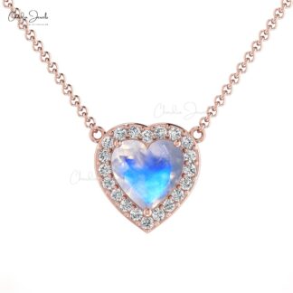 Round Moonstone Halo Heart Diamond Necklace in 14k Solid Gold