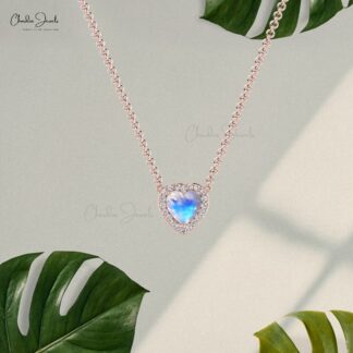 Round Moonstone Halo Heart Diamond Necklace in 14k Solid Gold