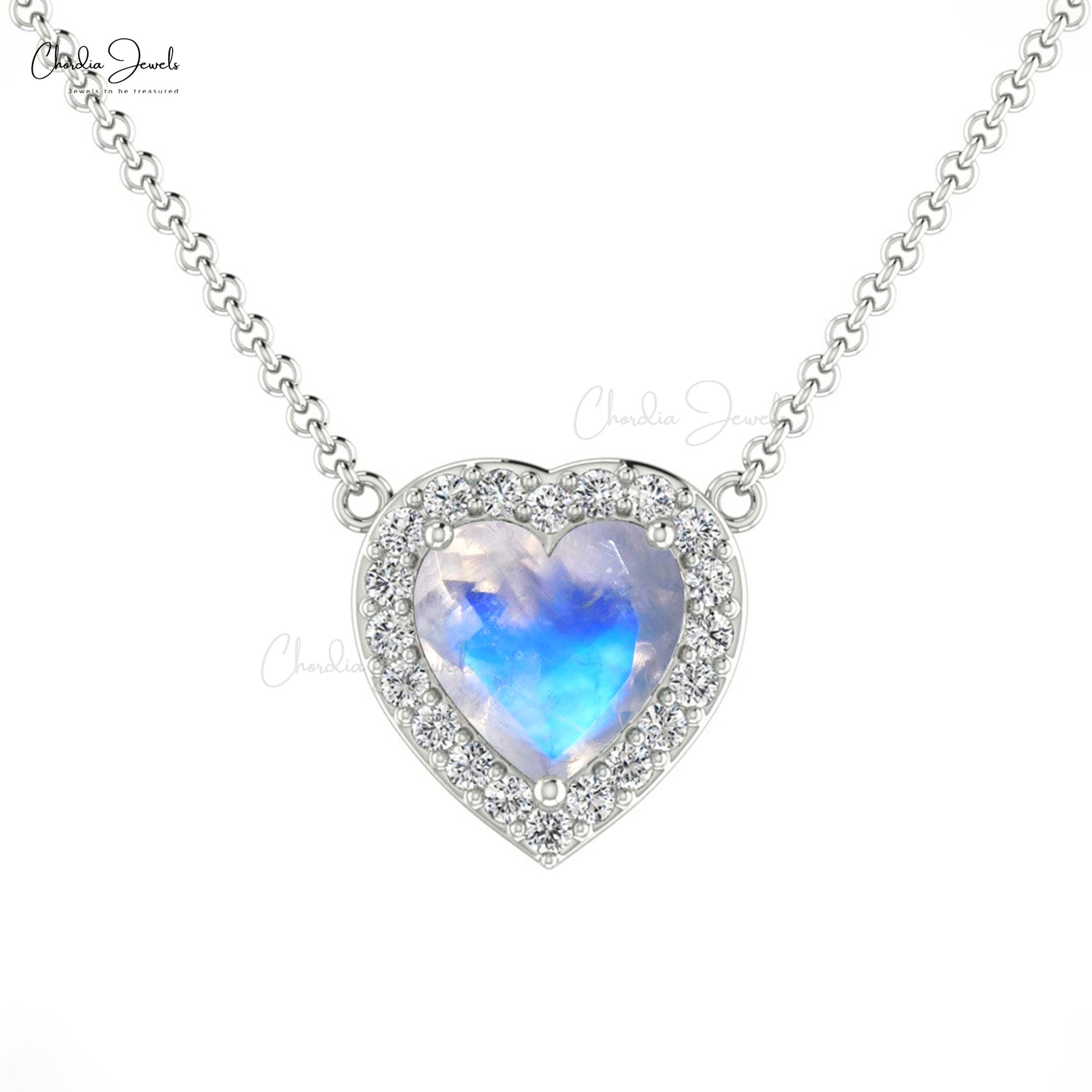 Round Moonstone Halo Heart Diamond Necklace in 14k Solid Gold