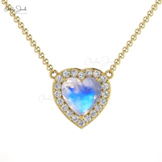 Round Moonstone Halo Heart Diamond Necklace in 14k Solid Gold