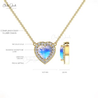Round Moonstone Halo Heart Diamond Necklace in 14k Solid Gold