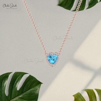Heart Swiss Blue Topaz Charm In Real 14k Gold G-H Diamond Halo Chain Necklace For Her