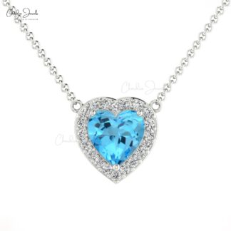 Heart Swiss Blue Topaz Charm In Real 14k Gold G-H Diamond Halo Chain Necklace For Her