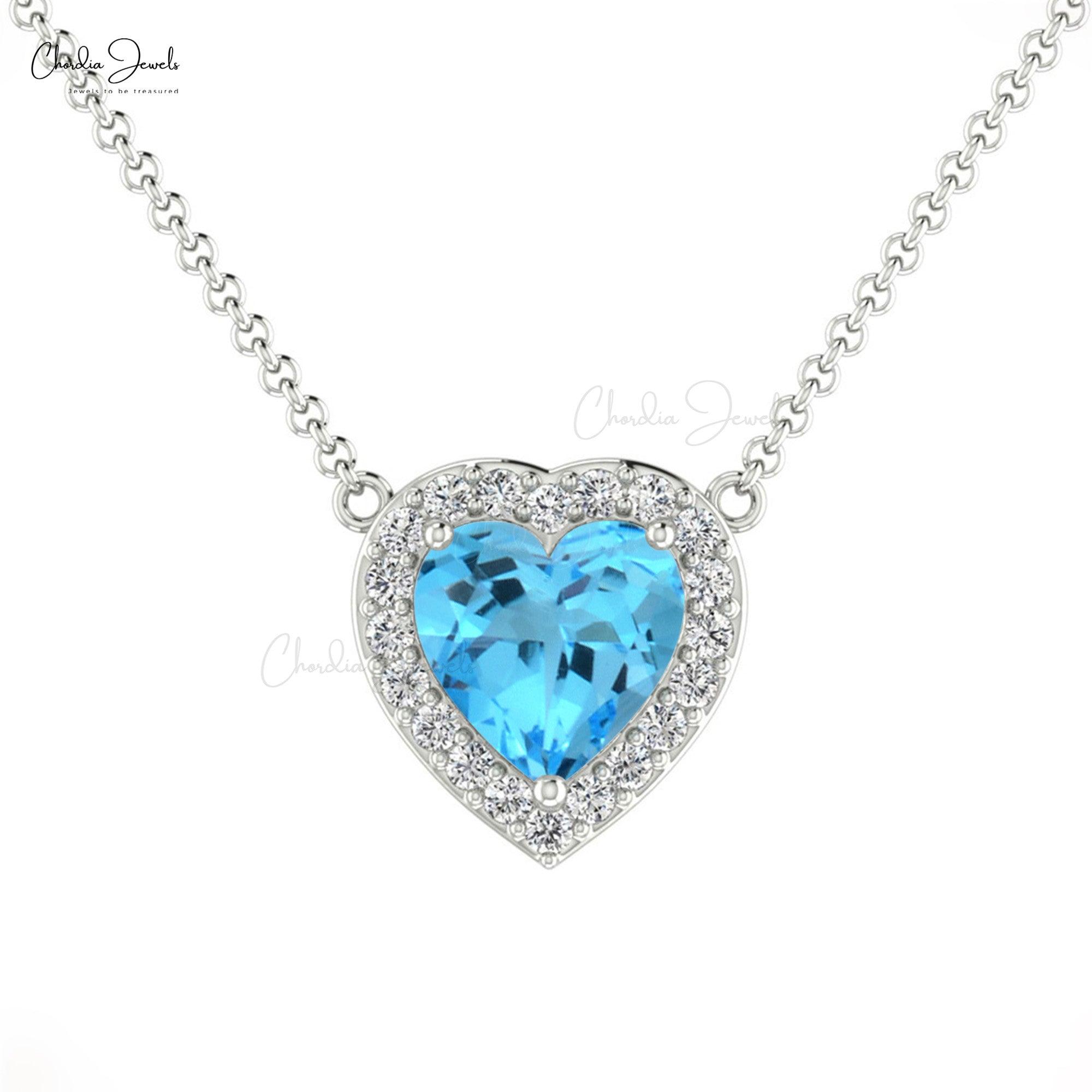 Heart Swiss Blue Topaz Charm In Real 14k Gold G-H Diamond Halo Chain Necklace For Her