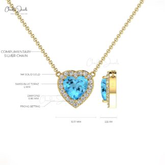 Heart Swiss Blue Topaz Charm In Real 14k Gold G-H Diamond Halo Chain Necklace For Her
