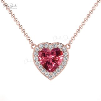 Dainty Diamond Halo Necklace With Heart Pink Tourmaline 14k Real Gold Fine Jewelry