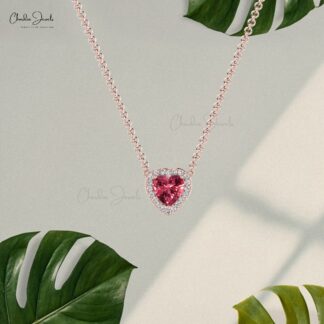 Dainty Diamond Halo Necklace With Heart Pink Tourmaline 14k Real Gold Fine Jewelry