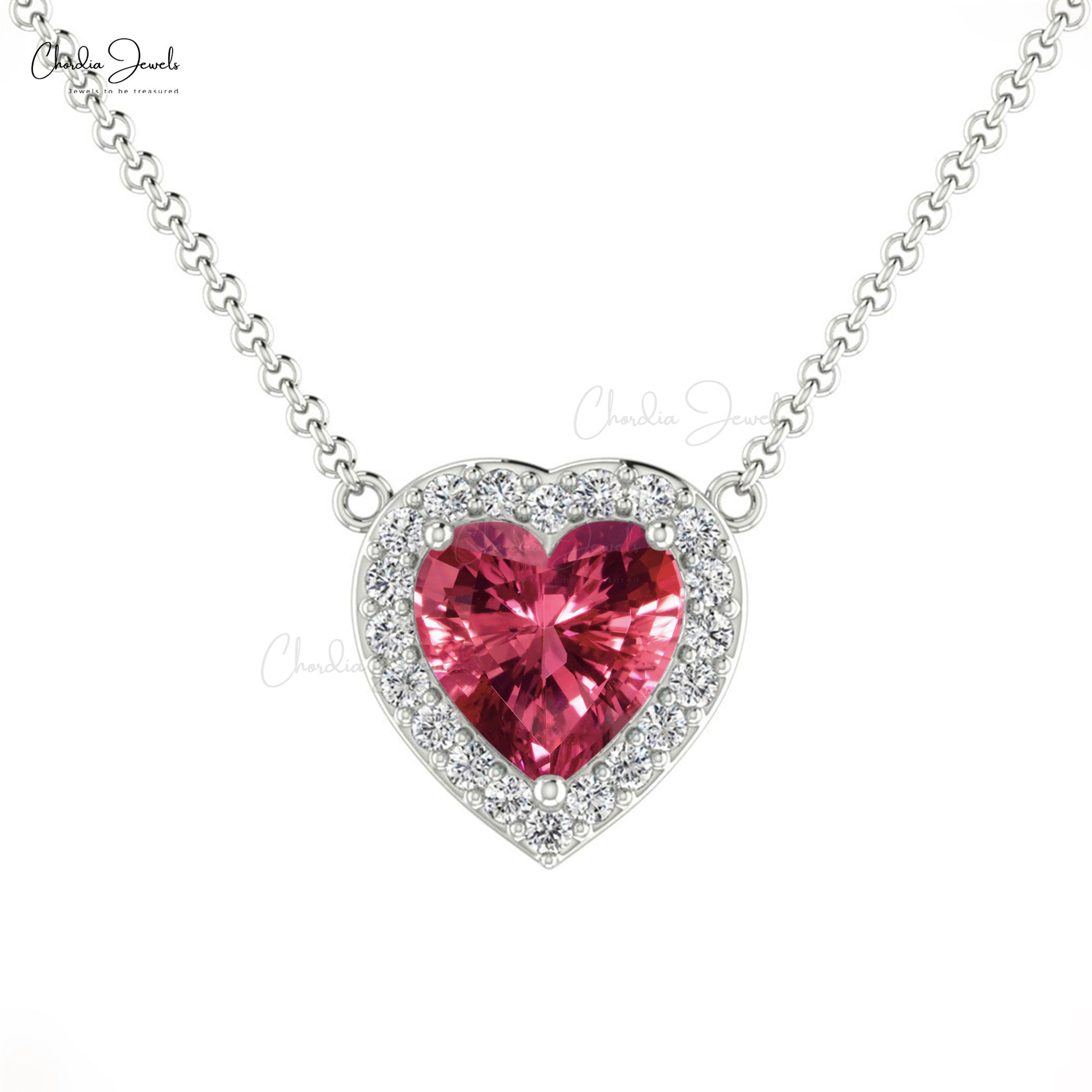 Dainty Diamond Halo Necklace With Heart Pink Tourmaline 14k Real Gold Fine Jewelry